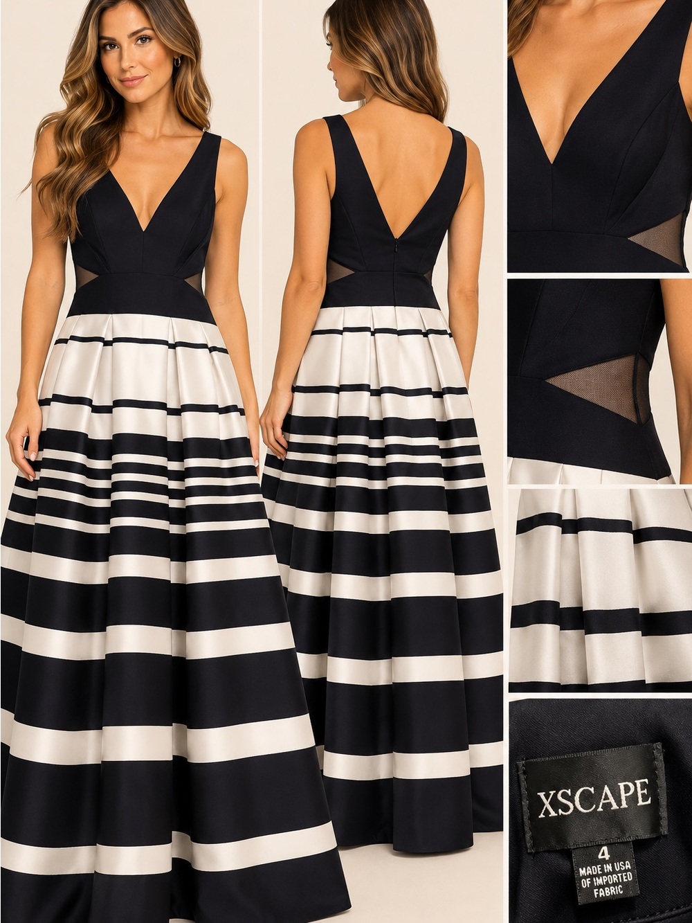 Xscape Black and White Striped V-Neck Maxi Gown